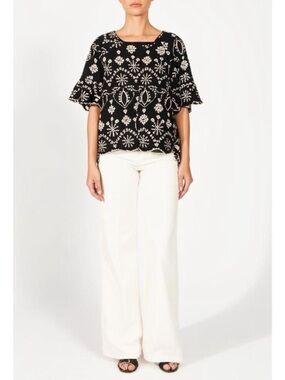 Given Kale Black White Eyelet Embroidered Scalloped Bell Sleeve Blouse Top